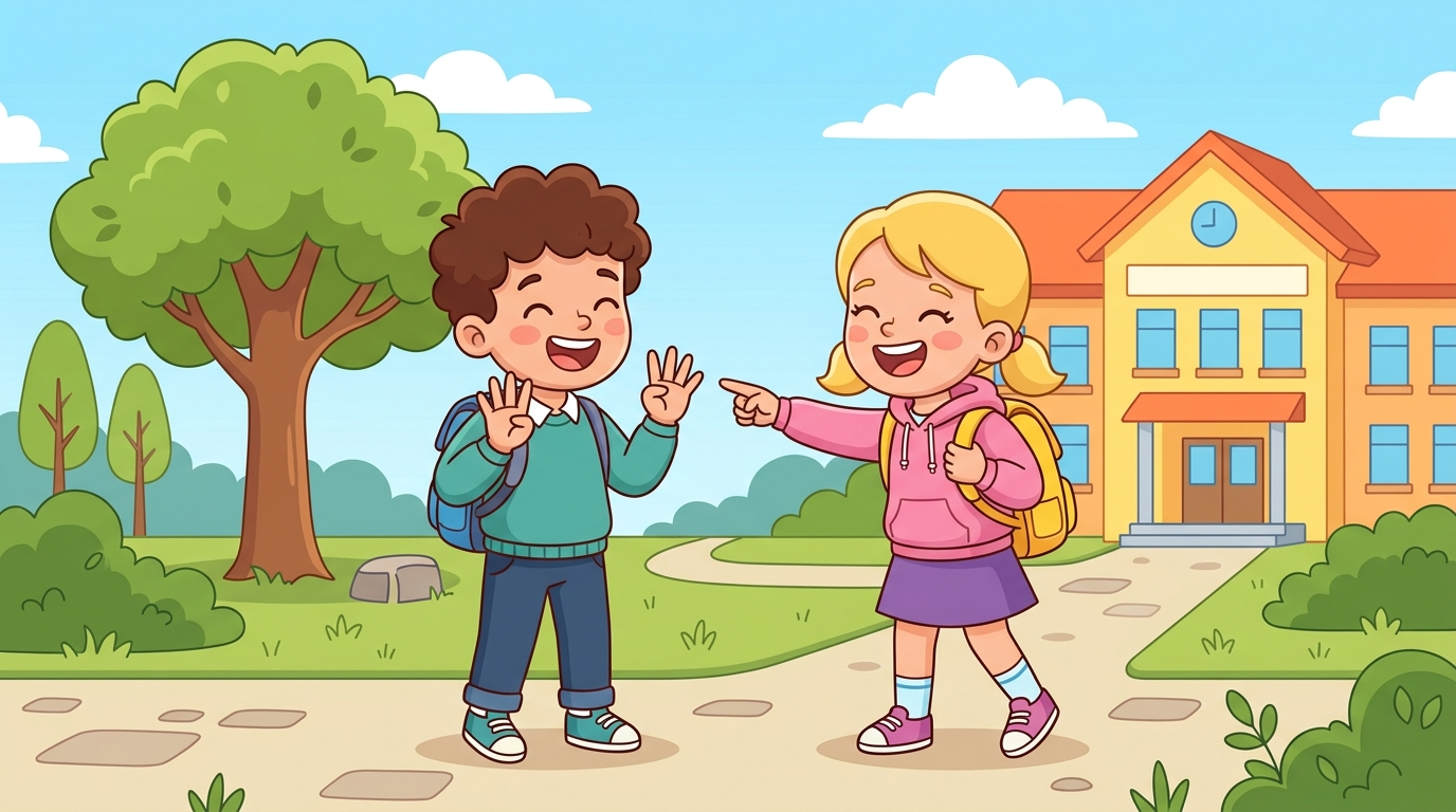 Leo holds up fingers on both hands while laughing, and Nora points at him with a teasing smile as if guessing his age, outside their school